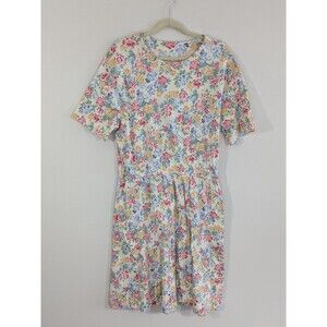 Vtg Lands End Womens Cotton Floral Dress Midi Elastic Waist Pockets Stretch XL